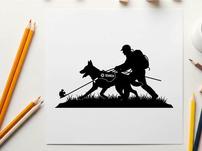 Silhouette of a man and dog hiking with backpack and leash