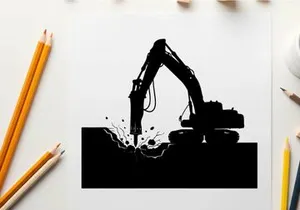 Silhouette of excavator digging into the ground with debris flying out