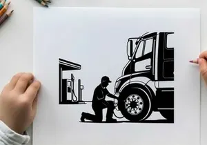 Silhouette of a man checking a large truck tire at a gas station silhouette