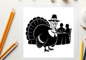 Pilgrim turkey silhouette at thanksgiving dinner table with family
