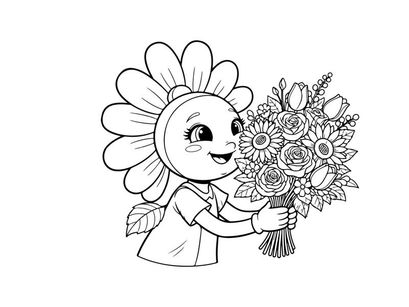 Cute girl holding flower bouquet vector illustration