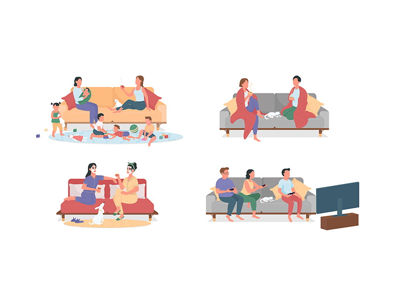 Resting at home on couch flat color vector faceless characters set