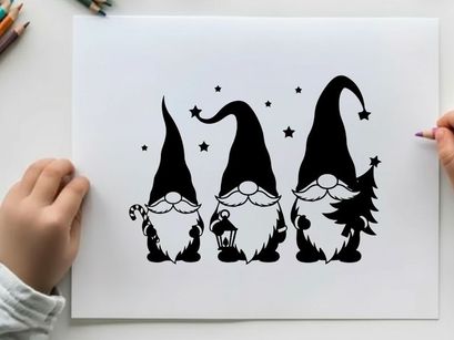Three gnomes silhouette with christmas tree and stars
