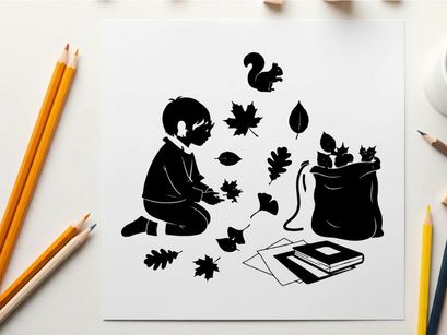 Silhouette of child collecting leaves with squirrel and book