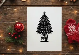 Black and white Christmas tree illustration with ornaments and star in a decorative pot.