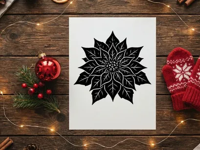 Black and white poinsettia flower illustration for Christmas holiday design projects.