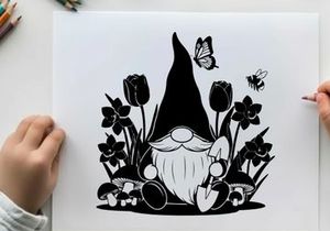 Black silhouette gnome with flowers and butterflies illustration