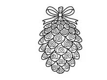 Hiasan pinecone dengan pita dekoratif. Dekorasi liburan meriah untuk musim Natal dan musim dingin.