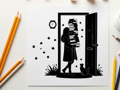 Silhouette of a woman with a cat at an open door