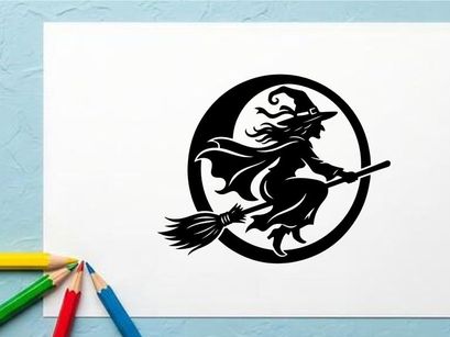Stylized witch riding a broomstick in a circular emblem design