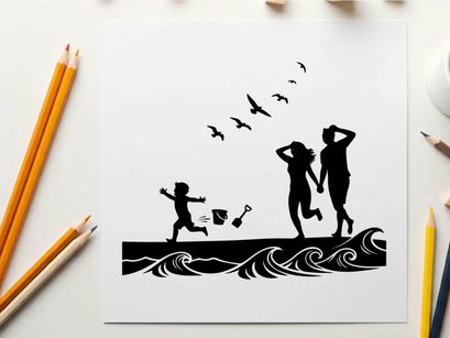 Silhouette of family on beach with waves and birds