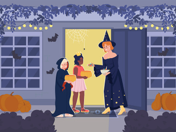 Children trick or treating on Halloween flat color vector illustration preview picture