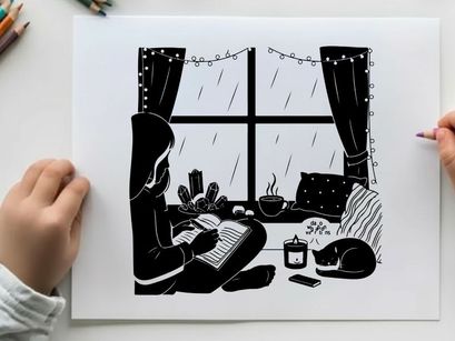 Silhouette of a person writing by a rainy window