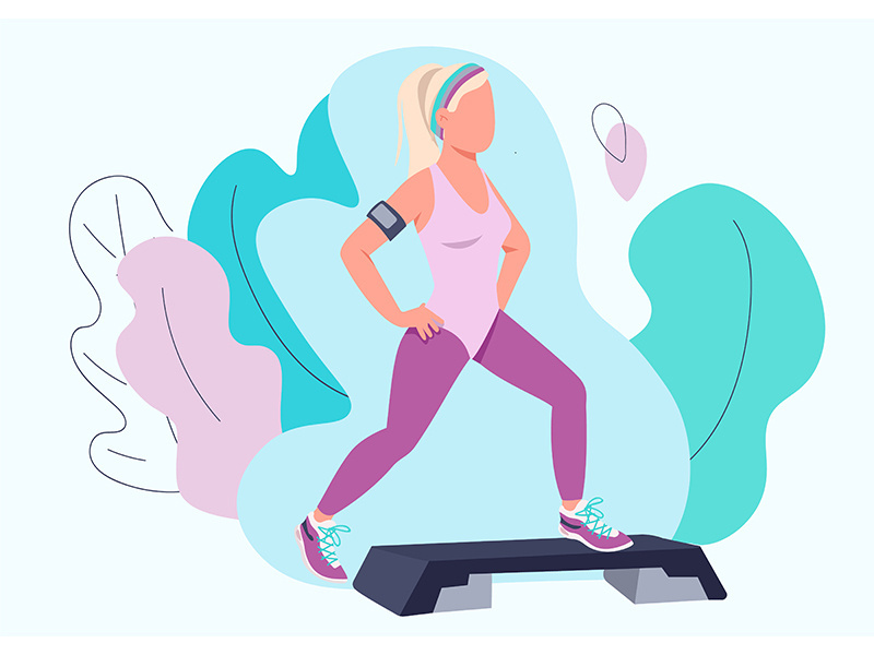 Woman doing aerobic exercise flat color vector faceless character