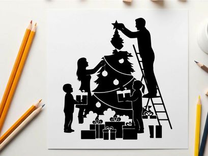 Family decorating christmas tree in silhouette