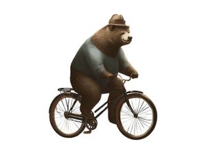 Vintage Bear riding a bike in floral countryside road, isolated in white background.