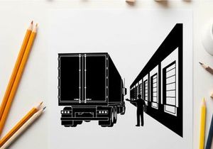 Silhouette of a man directing a semi truck to a warehouse dock