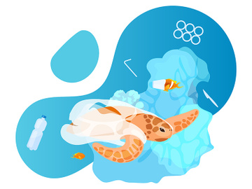 Turtle in ocean with plastic waste flat concept icon preview picture