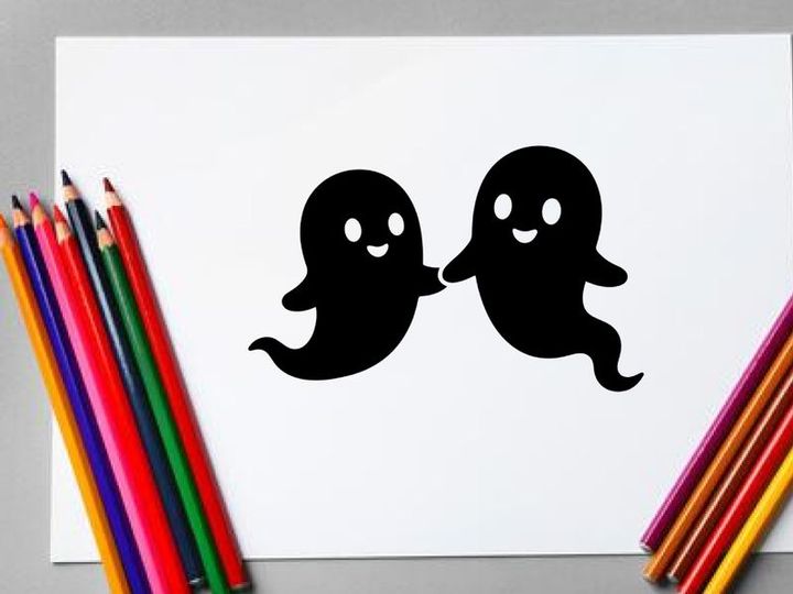 Cute Cartoon Ghosts Holding Hands in Black and White Illustration