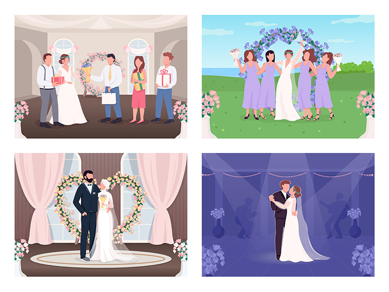 Wedding celebration flat color vector illustration set