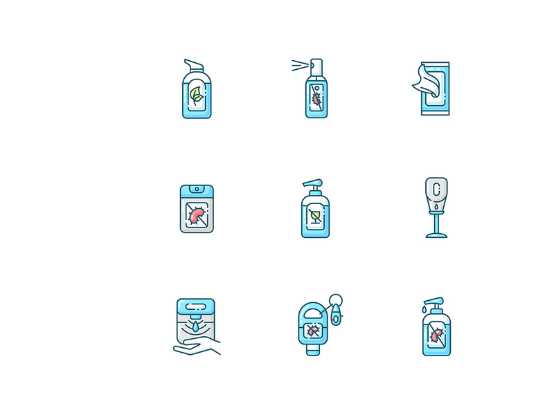Hand sanitizers blue RGB color icons set