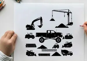 Construction vehicles and equipment silhouette illustrations