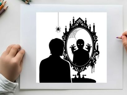 Silhouette of a man looking at a spooky mirror with silhouette reflection