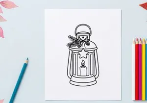 Christmas lantern line art illustration with candle and pine branch decoration