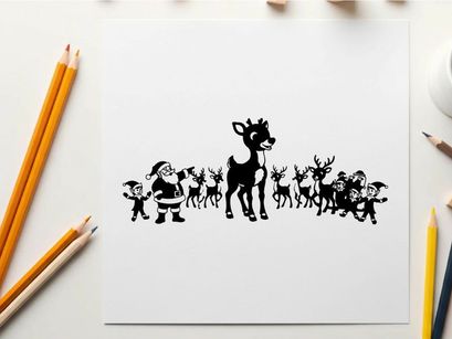 Reindeer silhouette standing in front of a group with santa