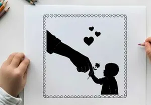 Silhouette of a child receiving a flower with hearts