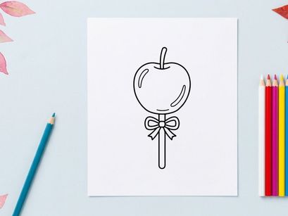 Candy apple line drawing. Süßes Karamell-Obst mit einem dekorativen Schleifen-Bogen-Icon.