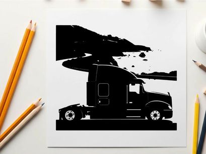 Silhouette of a semi truck on a coastal road with mountains