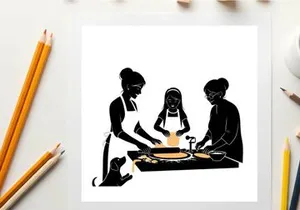 Silhouette of three people preparing food together in a kitchen setting
