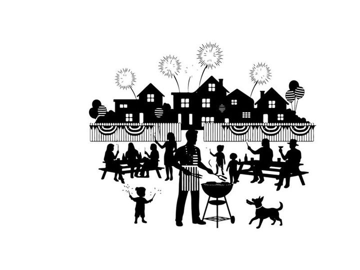4th of july neighborhood block party with silhouette