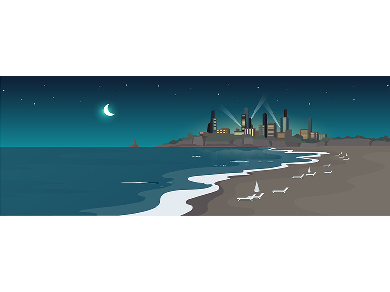 Sandy urban beach at night flat color vector illustration
