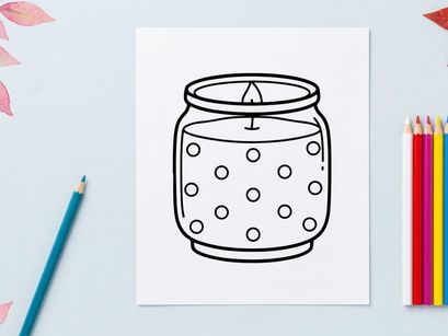Vela de bolinhas em um pote de vidro. Ilustração desenhada à mão de uma vela perfumada.