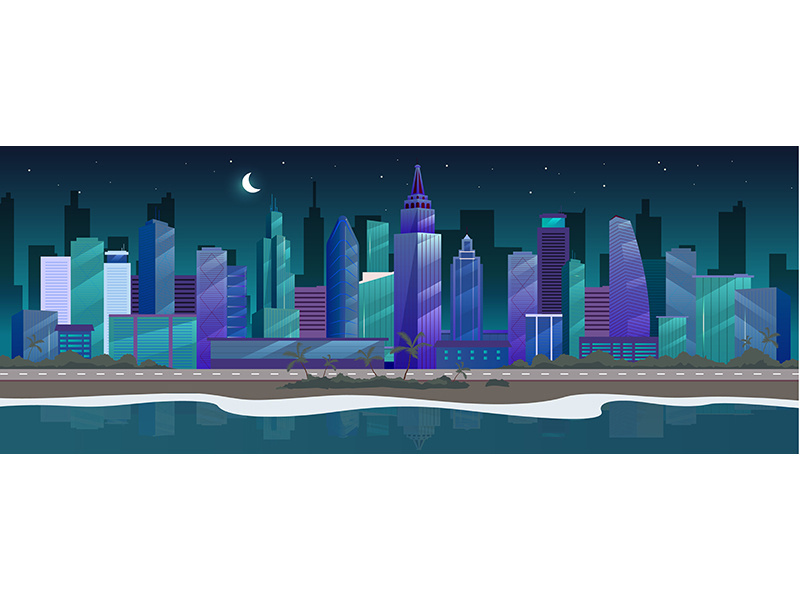 Night city flat color vector illustration