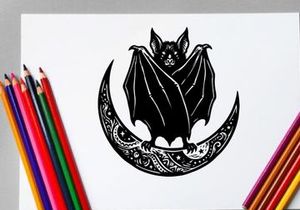 Stilisierter Fledermaus-Sitz auf einer Mondsichel mit ornamentalen Details