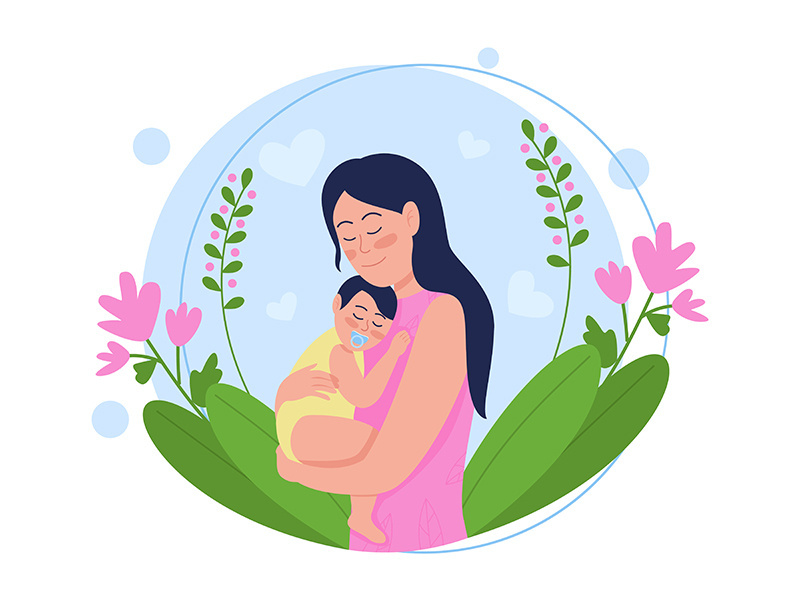 Young mother with baby flat concept vector illustration