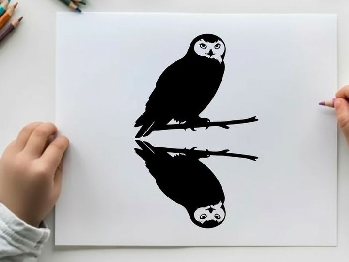 Silhouette of an owl perched on a branch with reflection