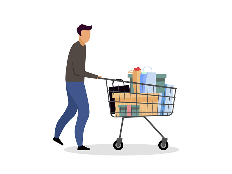 Buying goods at hypermarket flat color vector faceless character