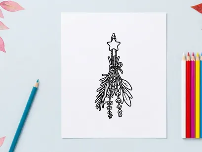 Hand-drawn Halloween mistletoe with golden star topper. Spooky festive botanical illustration for holiday decor and greeting cards.