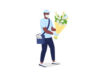 African american delivery man with flowers in face mask flat color vector detailed character preview picture