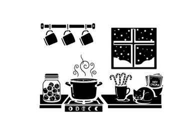 Silhouette of kitchen with cat by snowy window at night preview picture