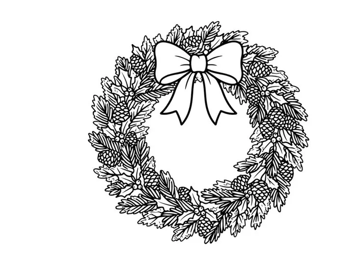 Christmas wreath line art illustration with pine cones and a decorative bow