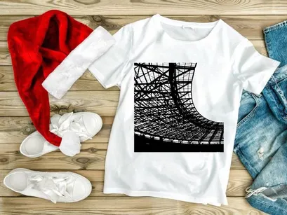 Black and white photo of a large industrial or sports venue roof structure