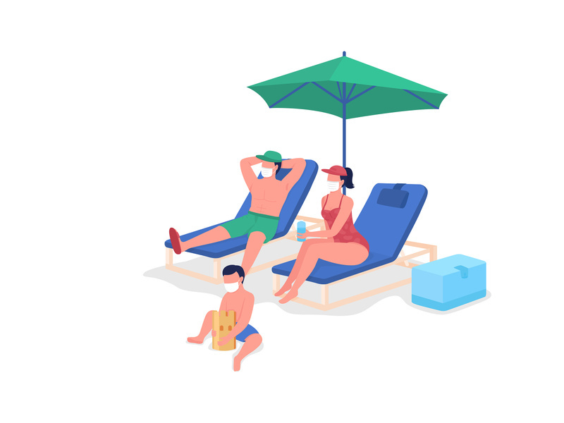 Post-pandemic family vacation flat color vector faceless characters