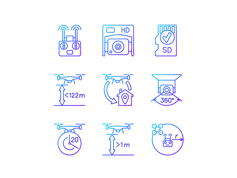 Drone care gradient linear vector manual label icons set