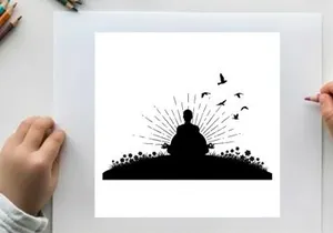 Serene silhouette of a person meditating in nature with birds flying free