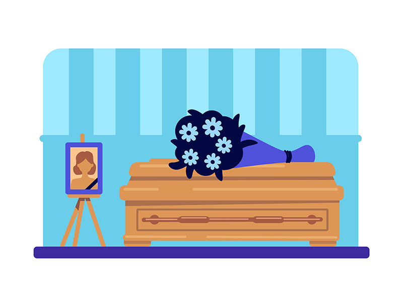 Dead woman coffin and photo flat color vector illustration